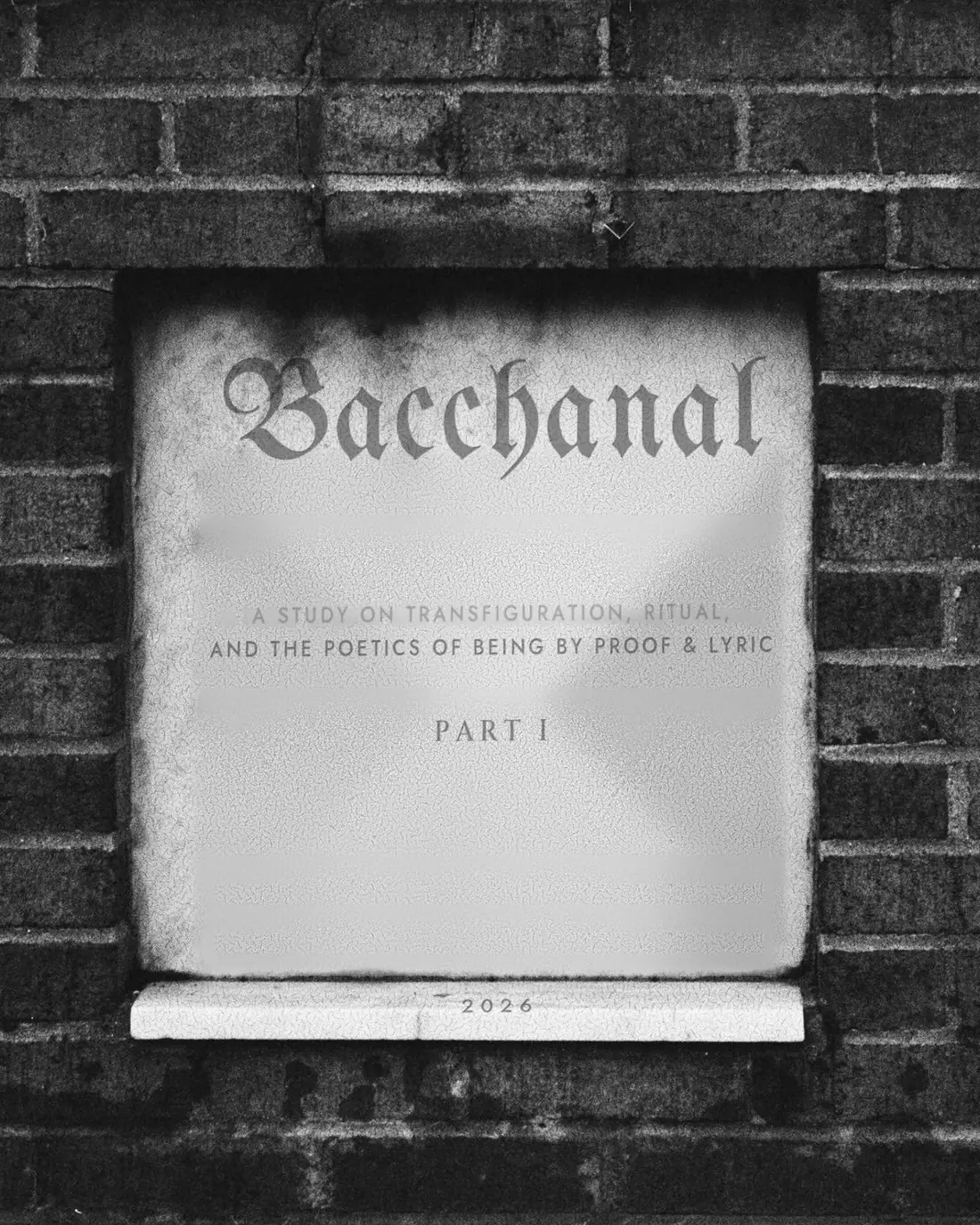 Bacchanal — a marble plaque set in dark brick. A study on transfiguration, ritual, and the poetics of being by Proof & Lyric. Part I. 2026.